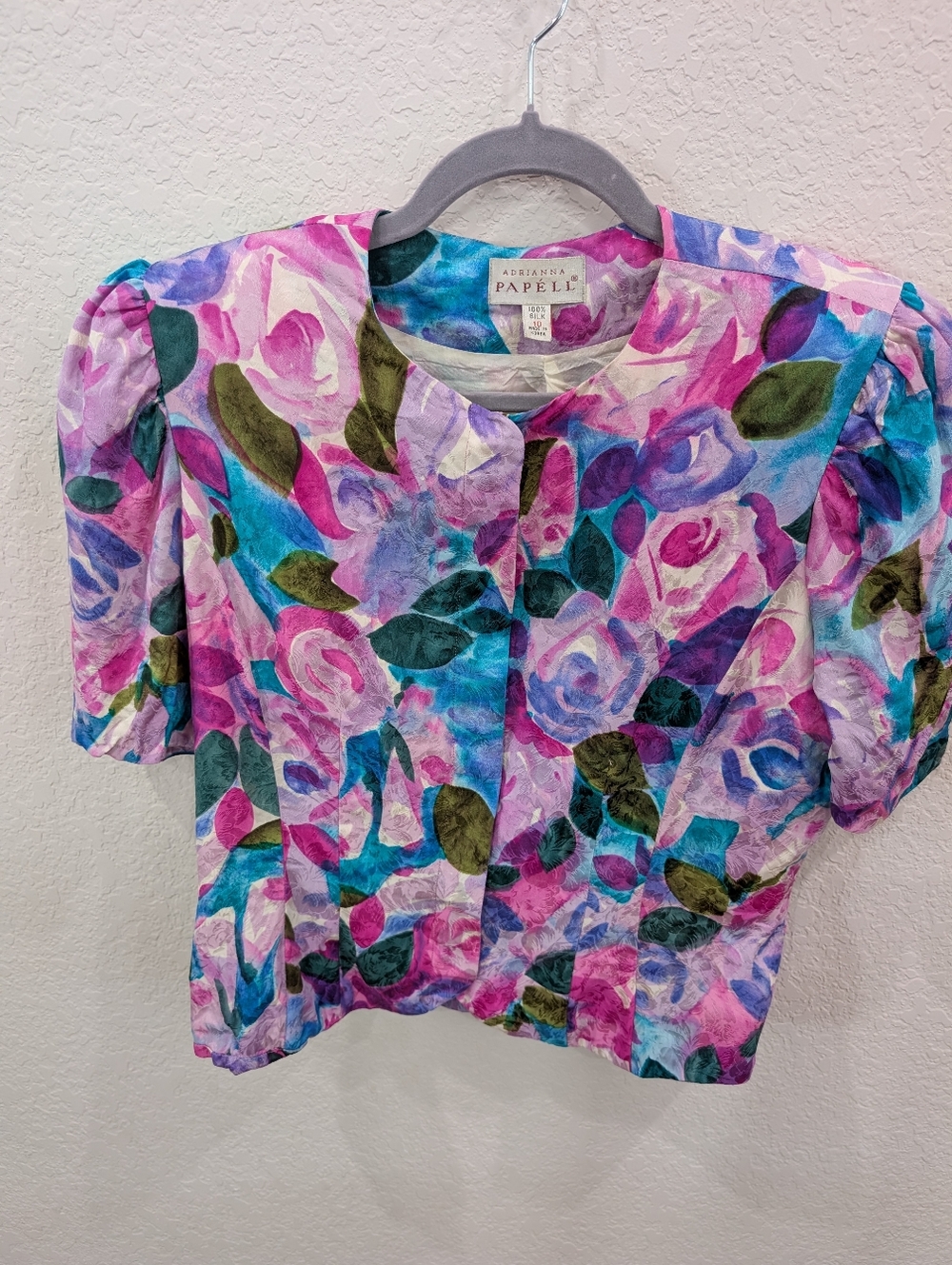 Adrianna Papell Vintage Soup Silk Floral Button DownTop - Teal Pink Purple Sz 10 - Picture 2 of 8